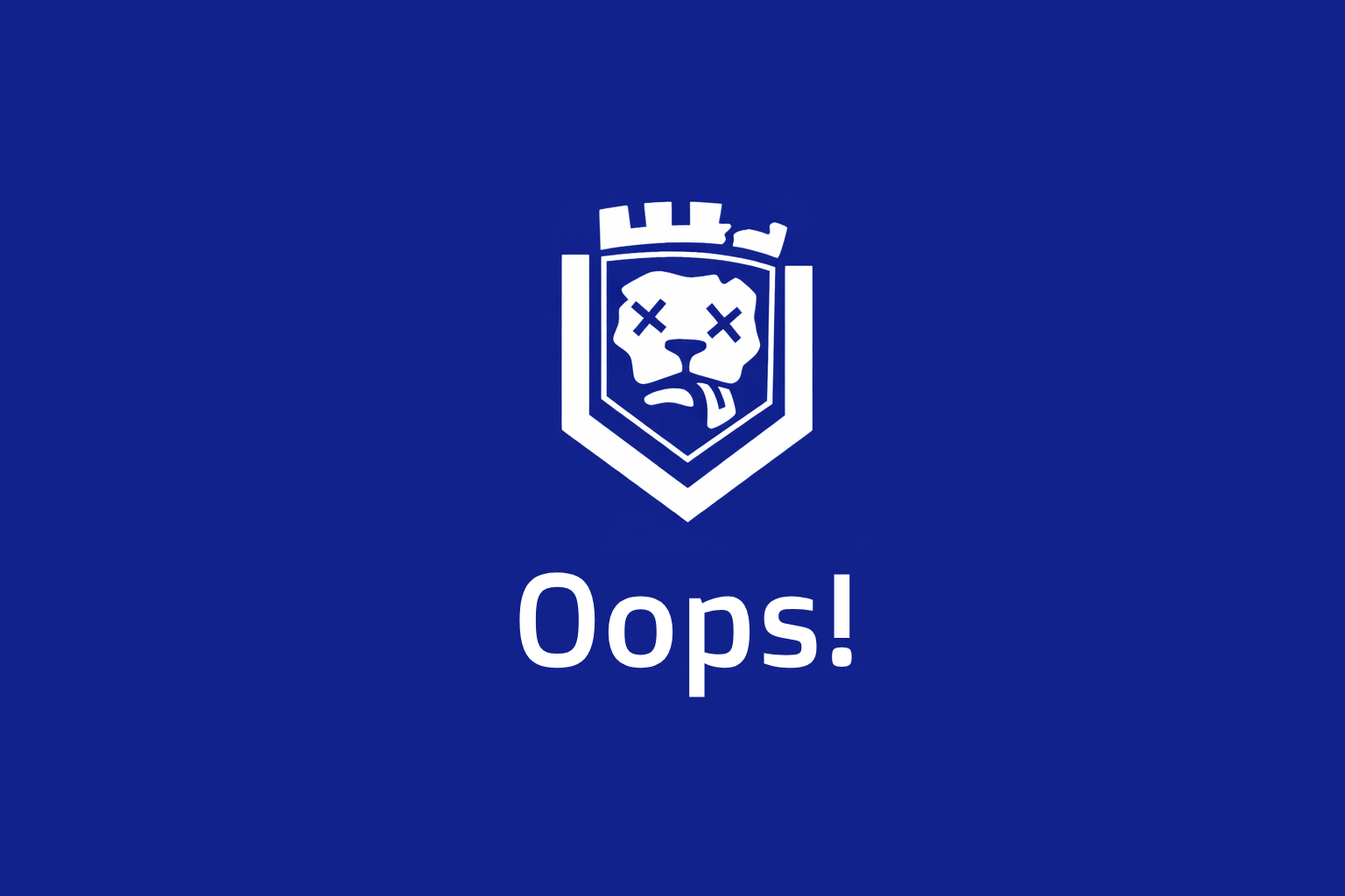 Oops screen with a crest icon on a blue background